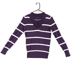GAP Women's XS Knit Sweater Top, V-Neck Purple Striped, Vtg Y2K Era Preppy